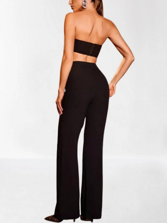 Black Strap Jewel Crop Top and Pant Set - Suits & Sets