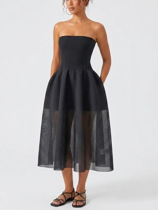 Black Strapless Ribbed Knit Midi Dress with Sheer Hem - Dresses