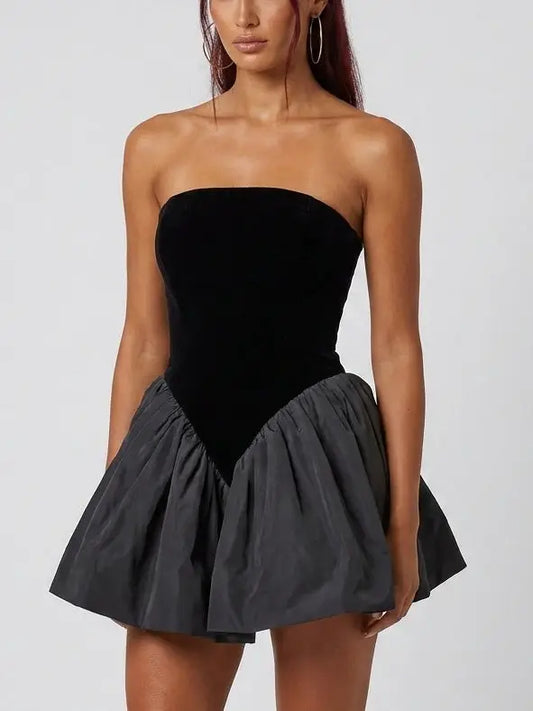 Black Strapless Velvet Bubble Hem Mini Dress - Dresses