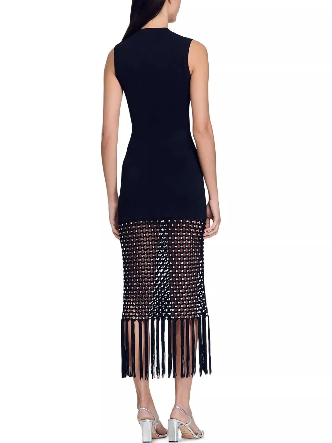Black Stretch Knit Crochet Tassel Dress - Dresses