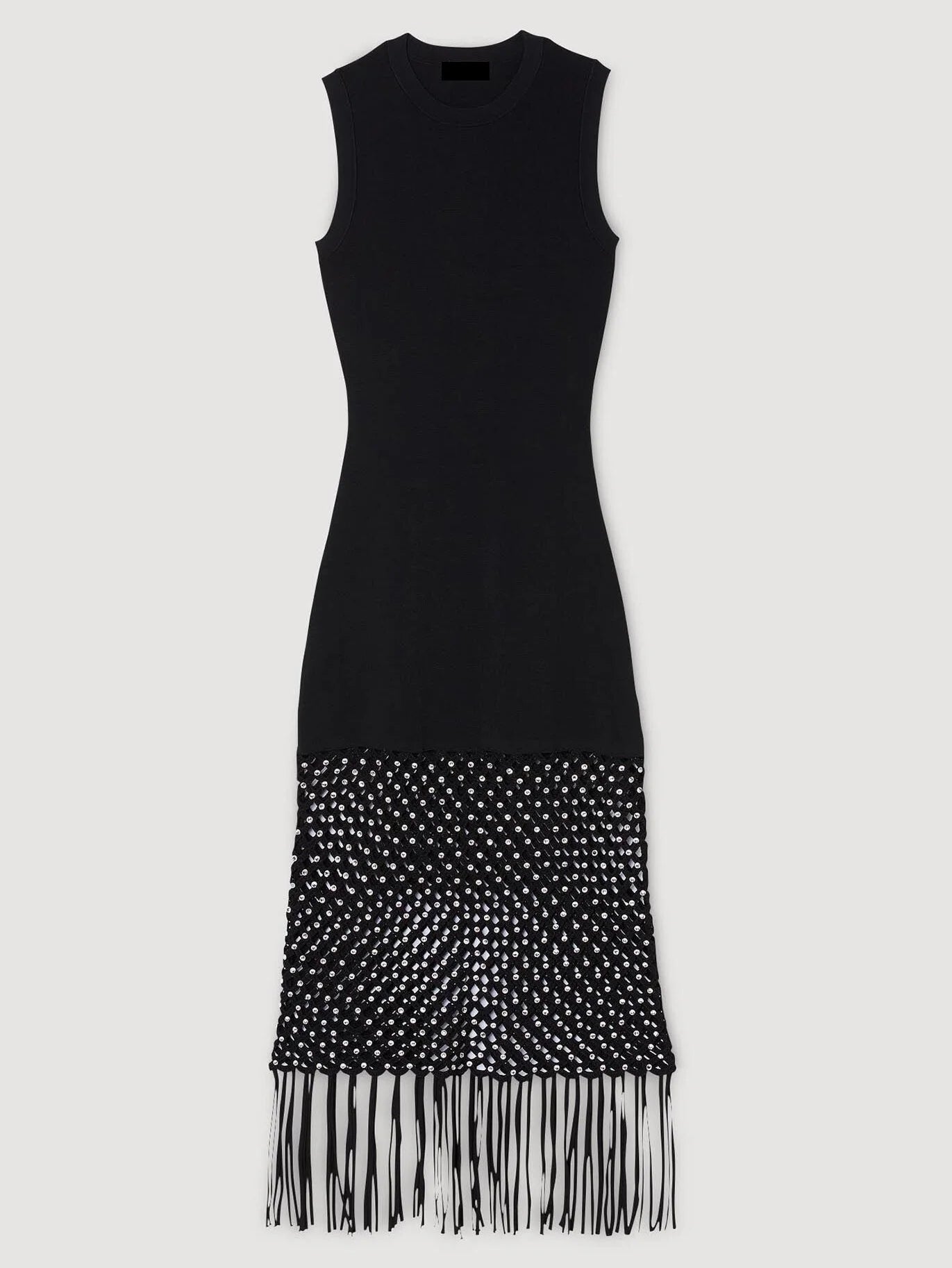 Black Stretch Knit Crochet Tassel Dress - Dresses