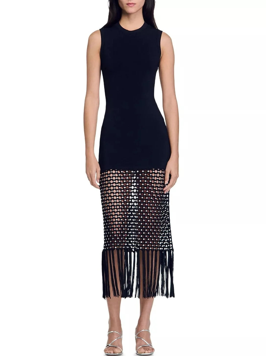 Black Stretch Knit Crochet Tassel Dress - Dresses