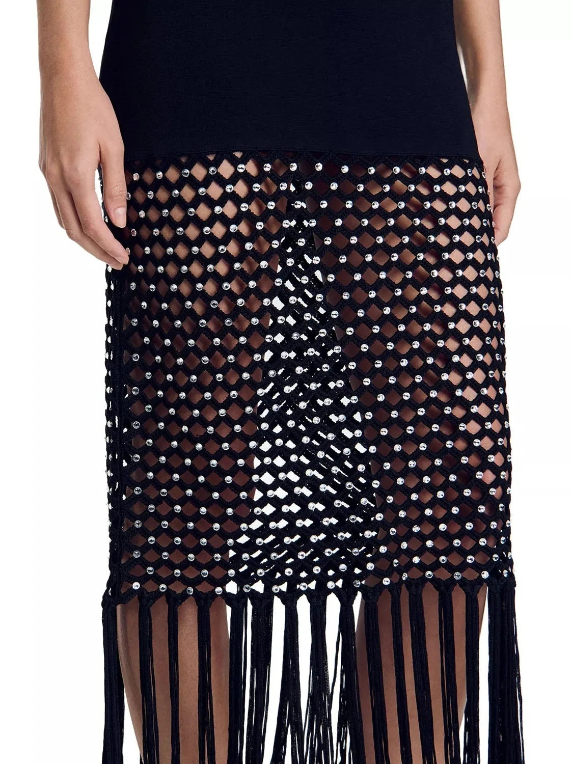 Black Stretch Knit Crochet Tassel Dress - Dresses