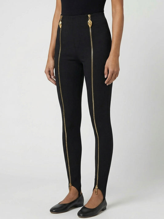 Black Stretch Stirrup Pants with Gold Zip Details - Jeans & Pants