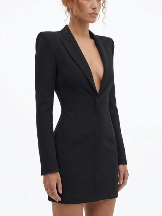Black Tailored V-Neck Blazer Mini Dress - Dresses