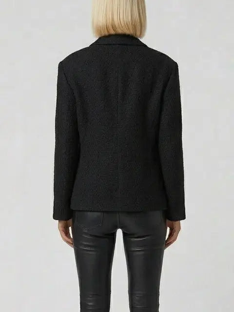 Black Textured Blazer Jacket with Pleated Trim - Jackets
