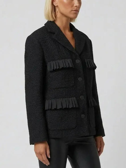 Black Textured Blazer Jacket with Pleated Trim - Jackets