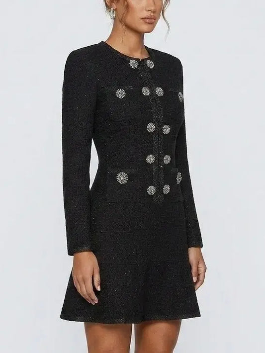 Black Textured Knit Mini Dress with Crystal Buttons - Dresses