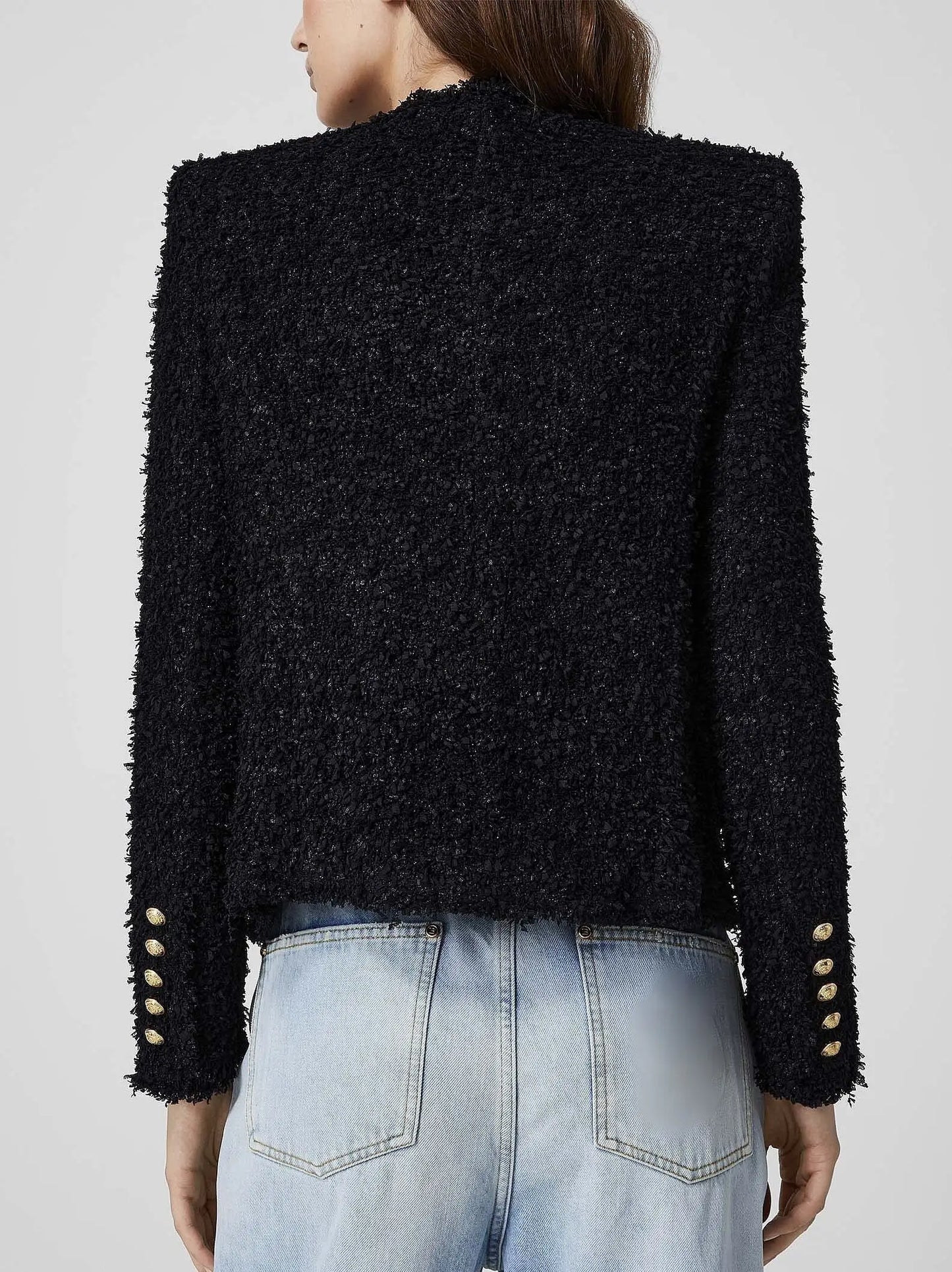 Black Textured Tweed Double-Breasted Jacket - Jackets