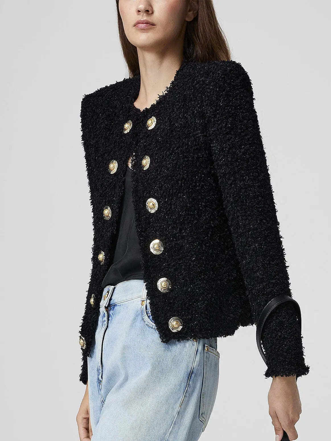 Black Textured Tweed Double-Breasted Jacket - Jackets