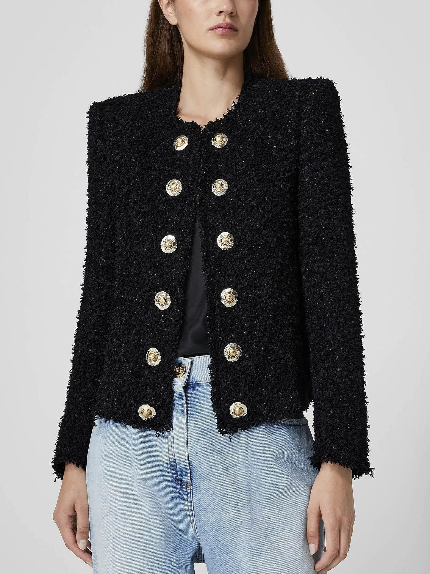 Black Textured Tweed Double-Breasted Jacket - Jackets