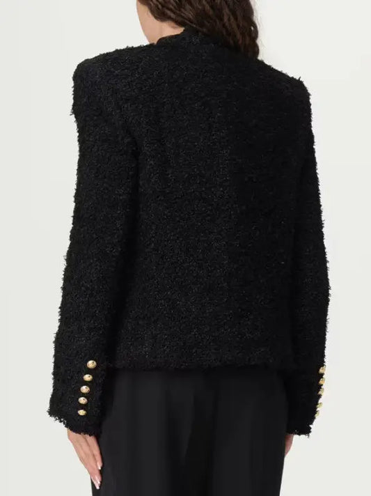 Black Textured Tweed Double-Breasted Jacket - Jackets