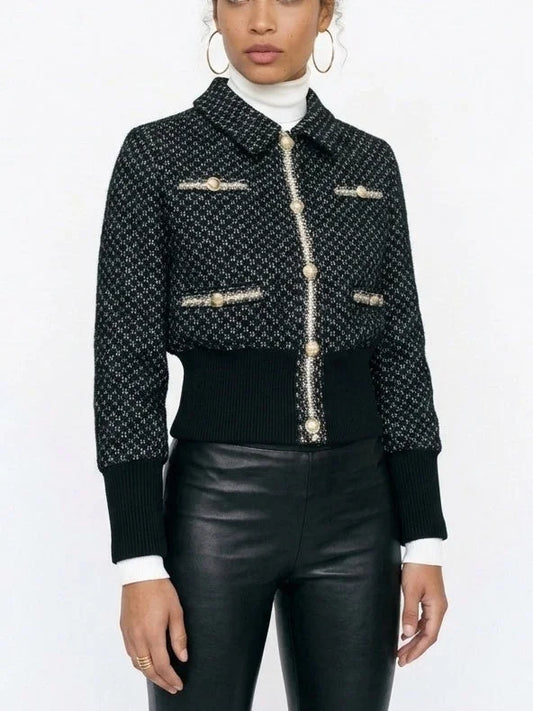 Black Tweed Jacket with Trim and Gold Buttons - Jackets
