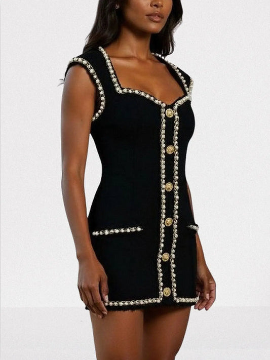 Black Tweed Pearl-Embellished Buttoned Mini Dress - Dresses
