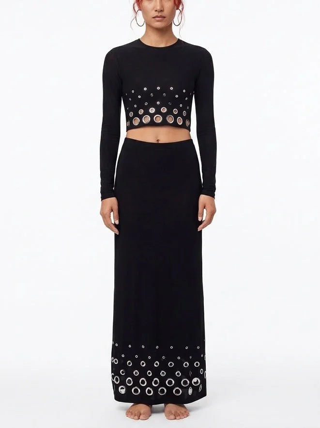 Black Two Piece Set with Metallic Eyelet Detailing - Suits & Sets