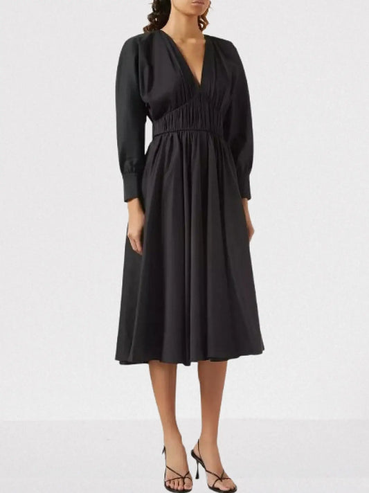 Black V-Neck Midi Dress - Dresses