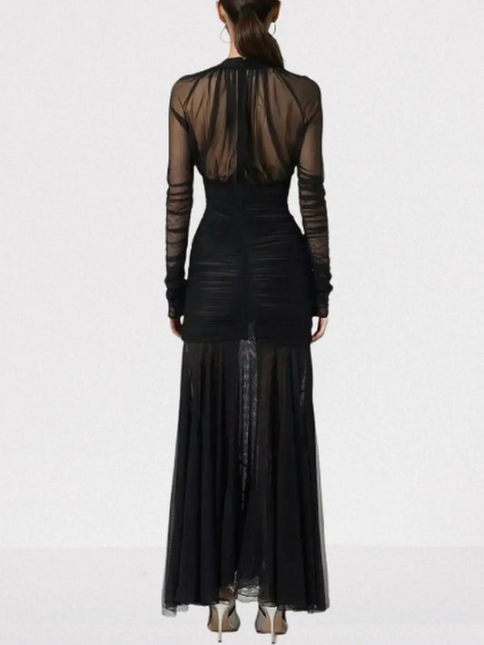 Black V-Neck Ruched Long-Sleeve Maxi Dress - Dresses