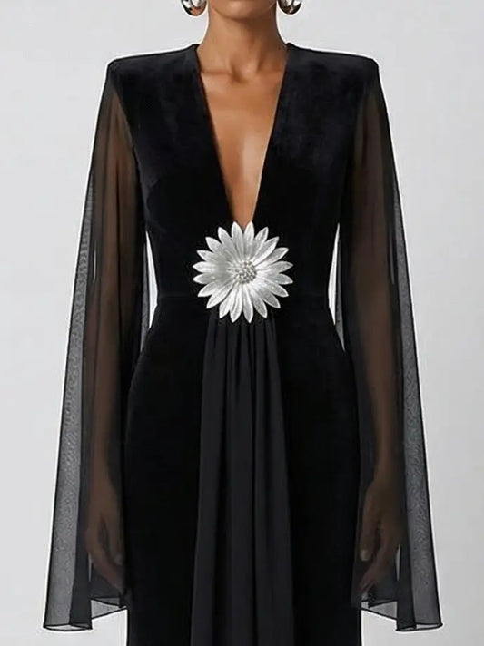 Black Velvet-Panel Gown with Sheer Cape Sleeves - Dresses