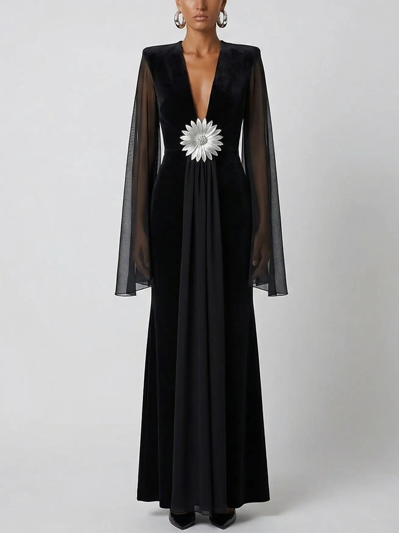 Black Velvet-Panel Gown with Sheer Cape Sleeves - Dresses