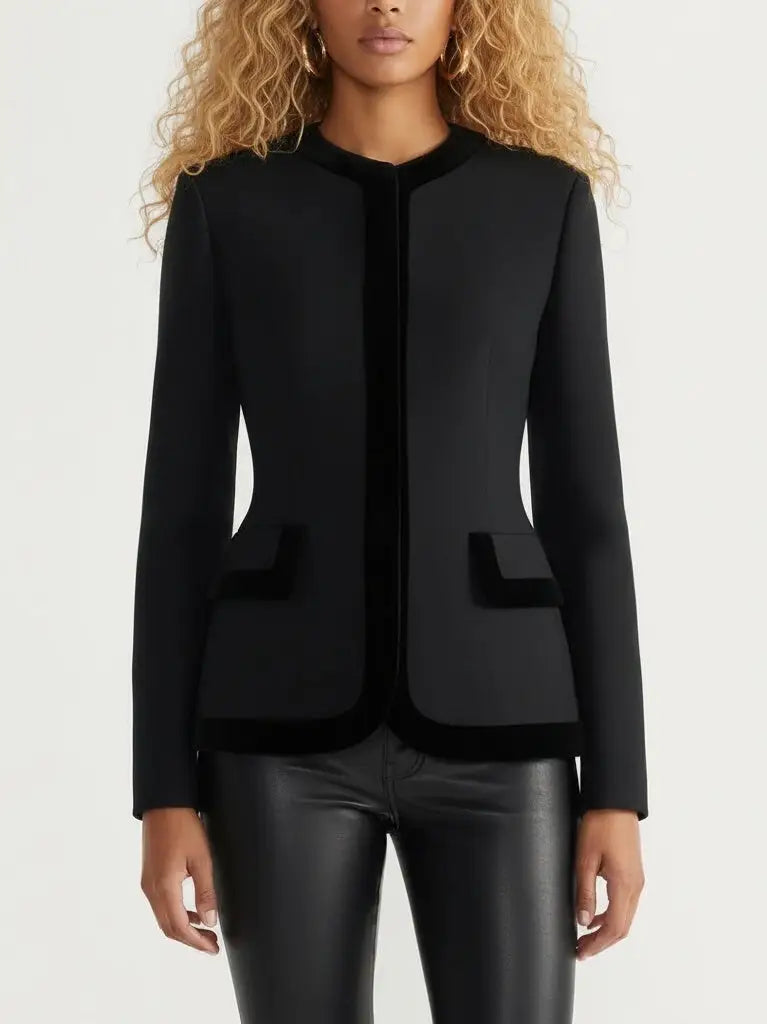 Black Velvet-Trim Fitted Tailored Jacket - Jackets