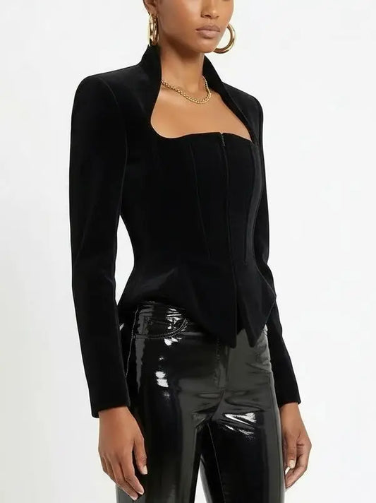 Black Velvet Boned Corset Sculptured Jacket - Jackets