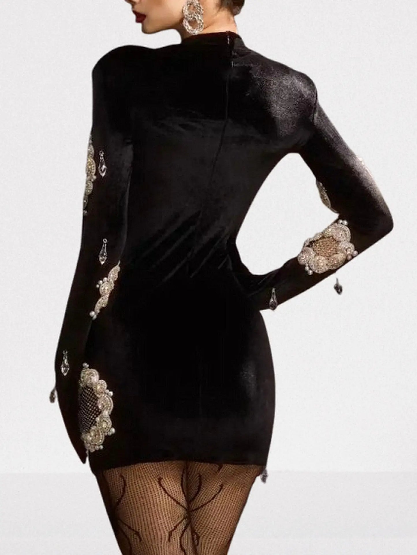 Black Velvet Crystal Mesh Cutout Mini Dress - Dresses