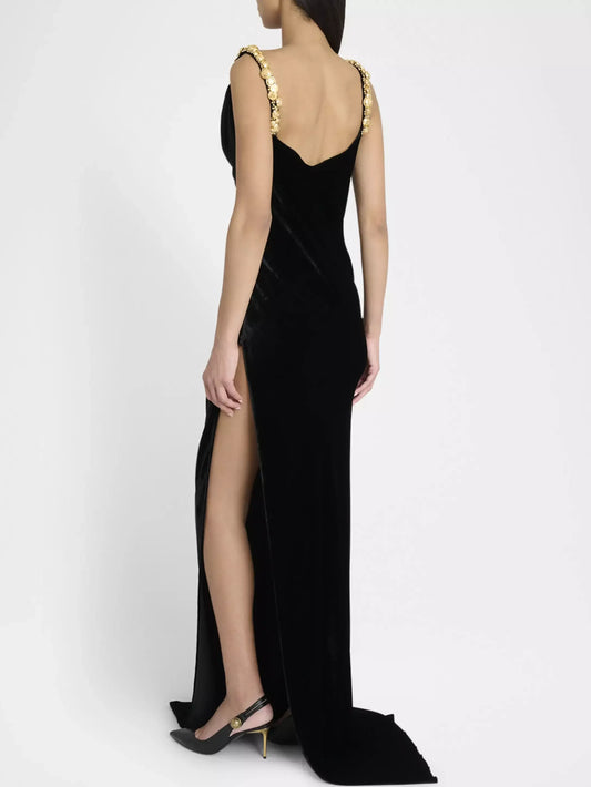 Black Velvet Draped Gown with Embellished Straps - Dresses