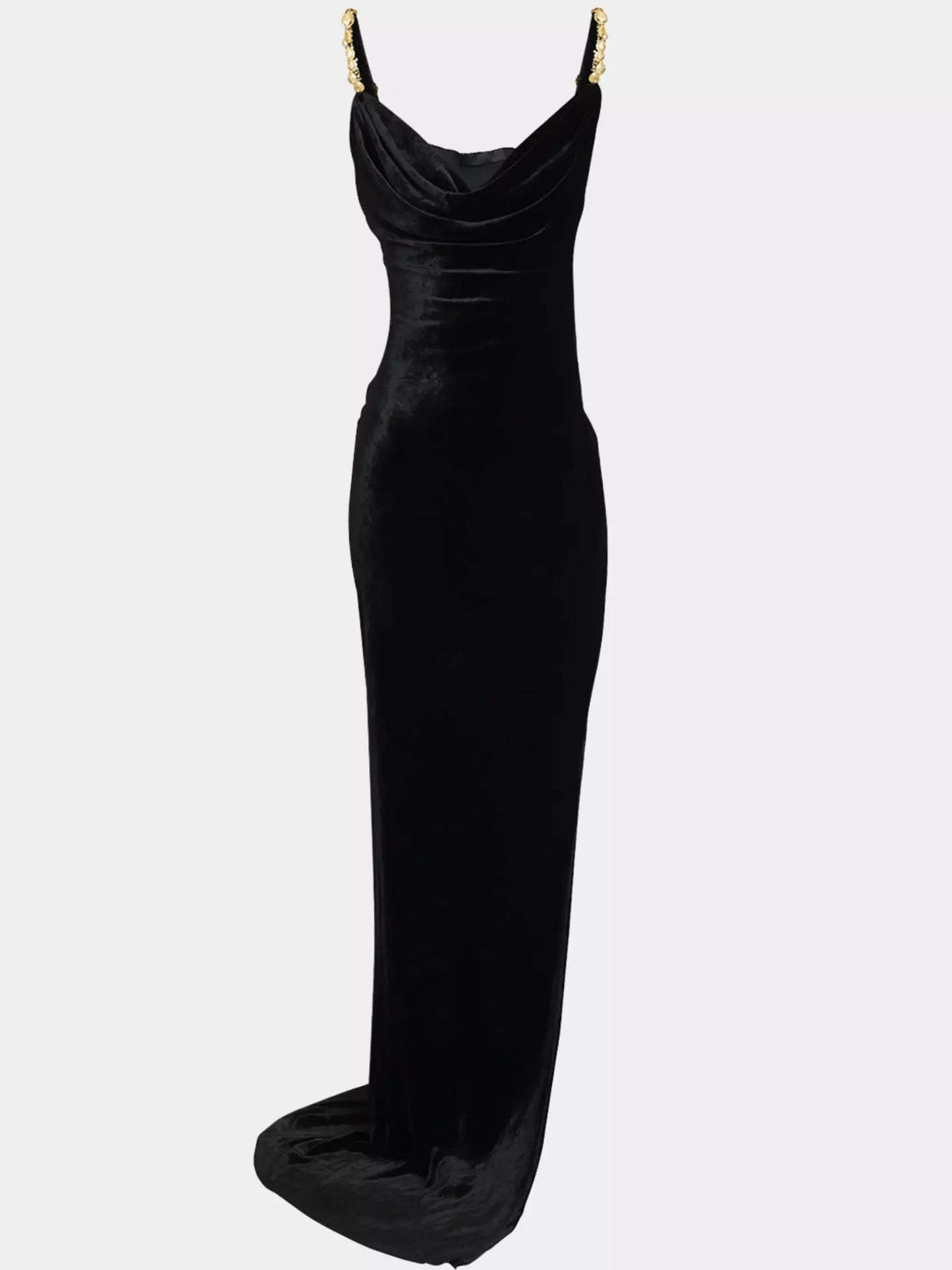 Black Velvet Draped Gown with Embellished Straps - Dresses