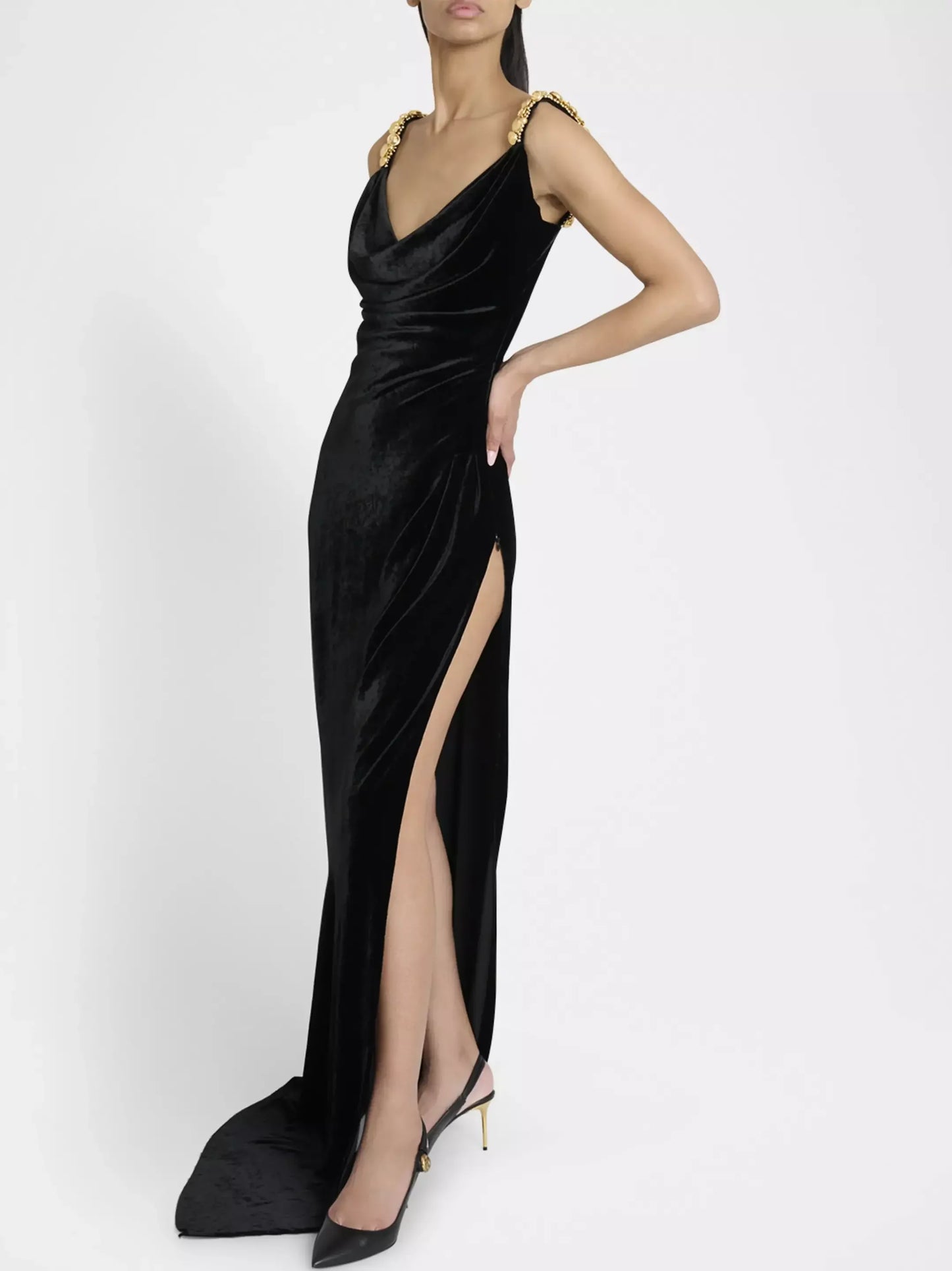 Black Velvet Draped Gown with Embellished Straps - Dresses