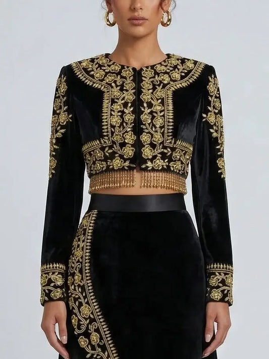 Black Velvet Gold Embroidered Jacket and Skirt Set - Suits & Sets