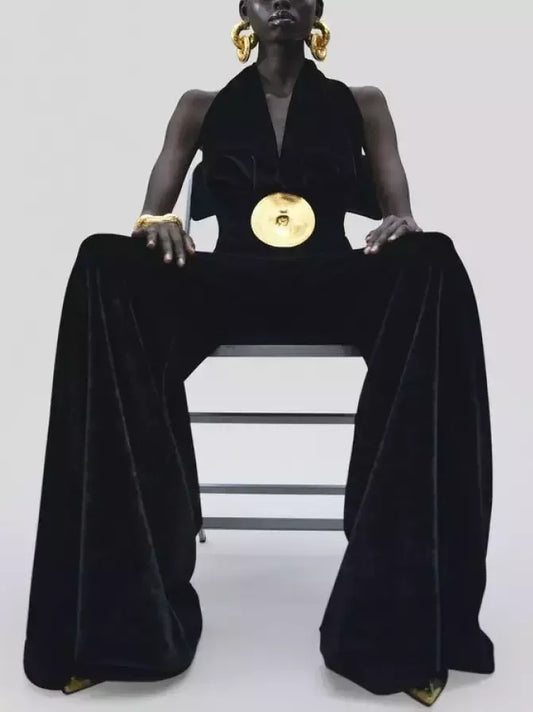 Black Velvet Halter Neck Jumpsuit - Suits & Sets