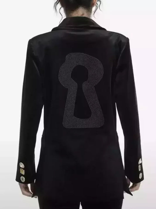 Black Velvet Jacket with Keyhole Embroidery - Jackets