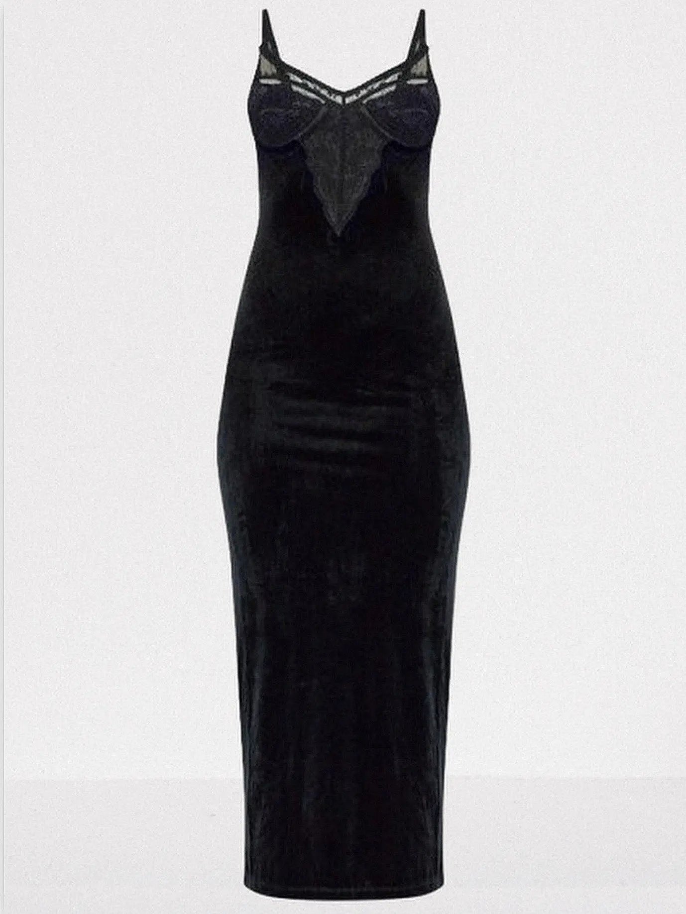 Black Velvet Midi Dress with Lace Detail - Dresses