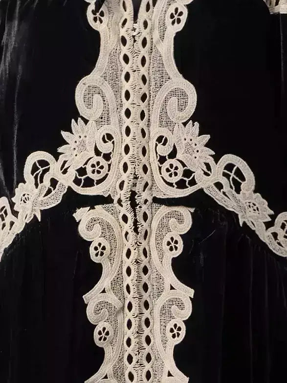 Black Velvet Mini Dress with Contrast Lace Trim - Dresses