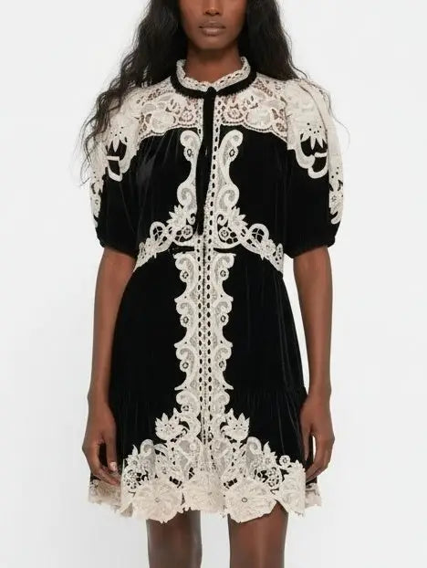 Black Velvet Mini Dress with Contrast Lace Trim - Dresses