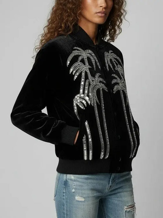 Black Velvet Palm Tree Sequin Bomber Jacket - Jackets