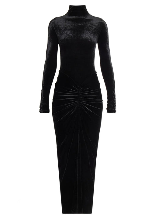 Black Velvet Ruched Long Dress - Dresses