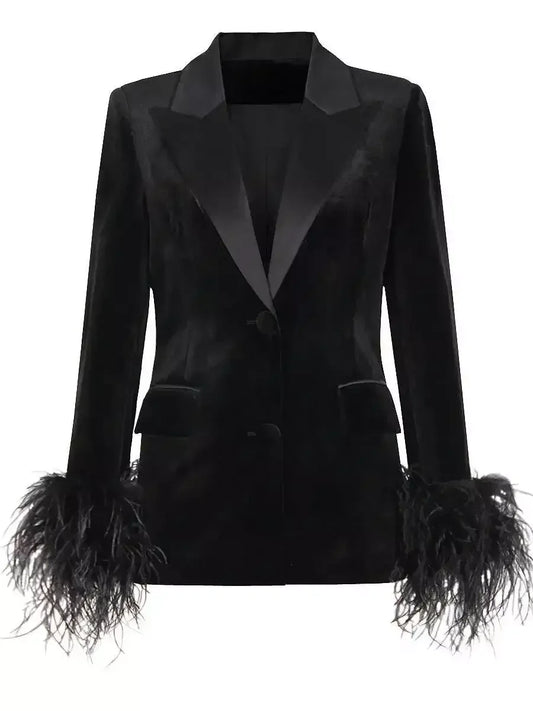 Black Velvet Single-Breasted Feather-Cuff Blazer - Jackets