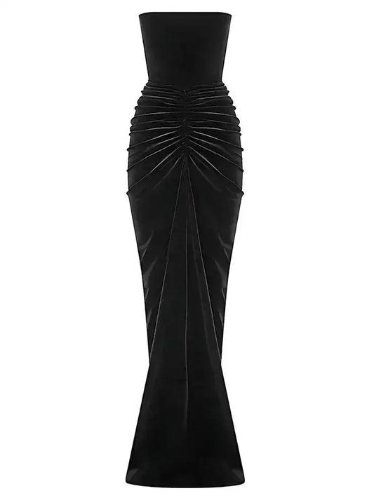 Black Velvet Strapless Gathered Gown - Dresses