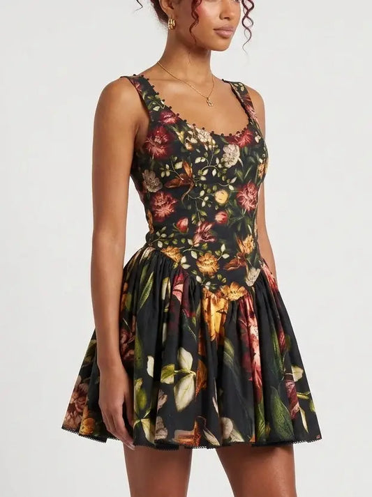 Black Vintage Floral Scoop Neck Mini Dress - Dresses