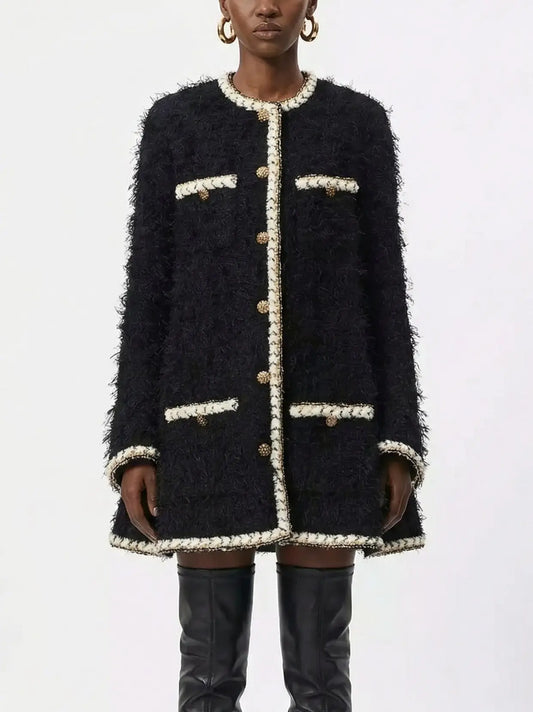 Black Wool-Blend Tweed Coat with Contrasting Trim - Coats