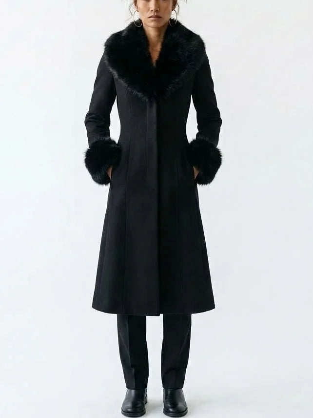 Black Wool Blend Coat with Faux Fur Collar and Cuffs - Coats