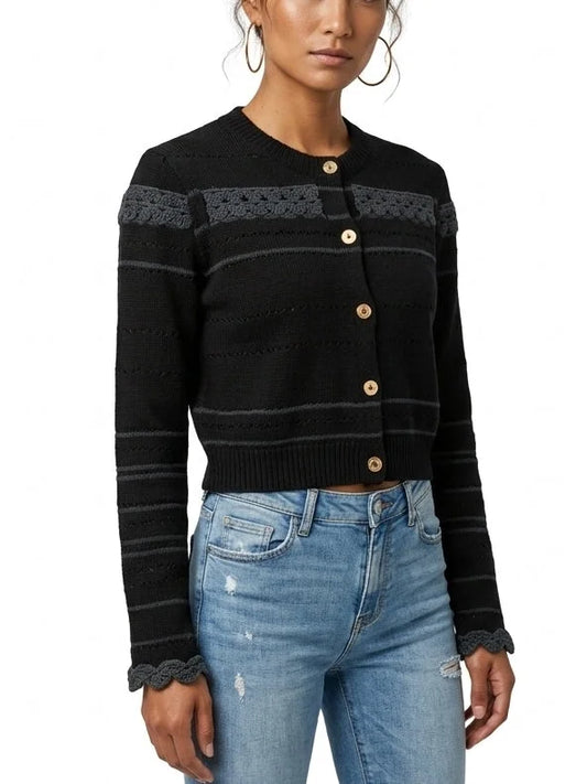 Black Wool Blend Lace Insert Cropped Cardigan - Sweaters & Knitwear