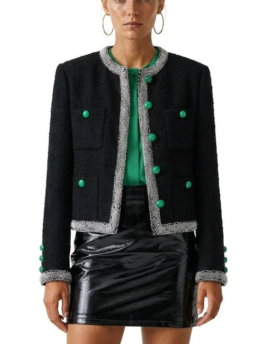 Black Wool Blend Tweed Jacket with Beaded Trim - Jackets