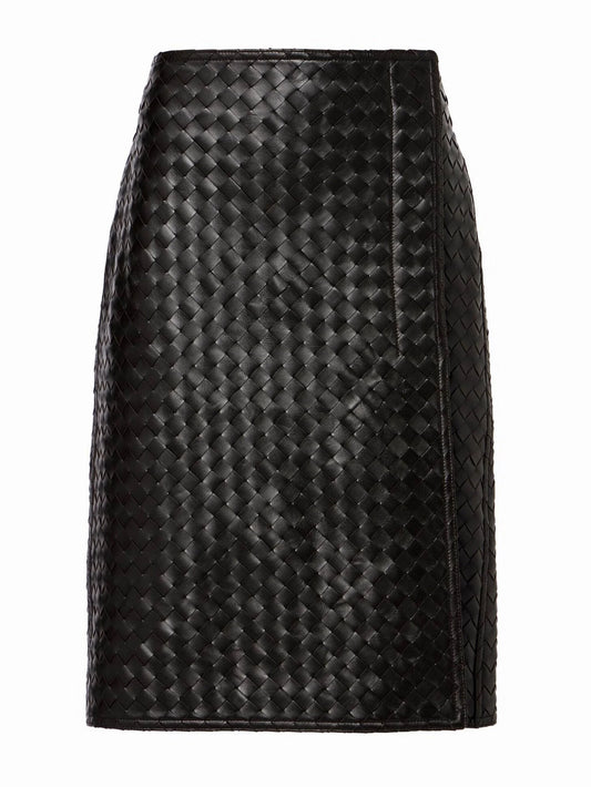 Black Woven Leather Knee-Length Skirt - Skirts