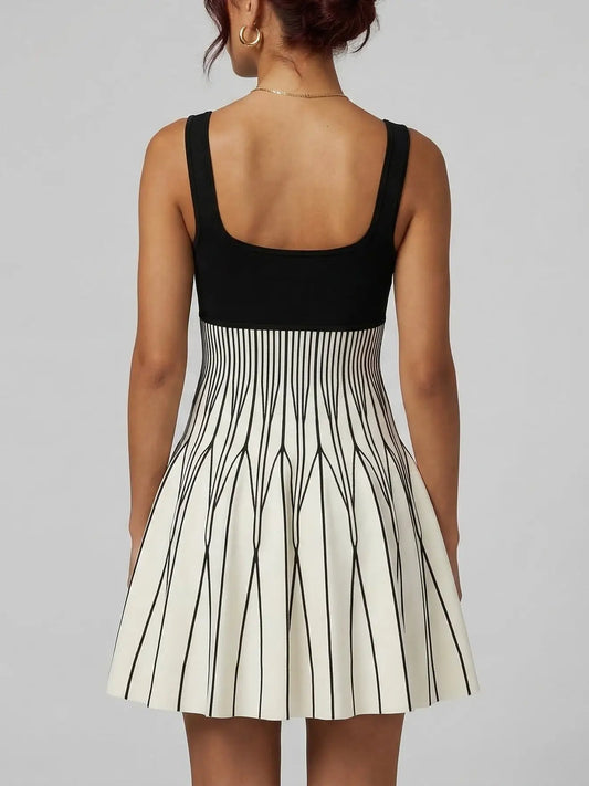 Black and White Geometric Knit Fit and Flare Dress - Dresses