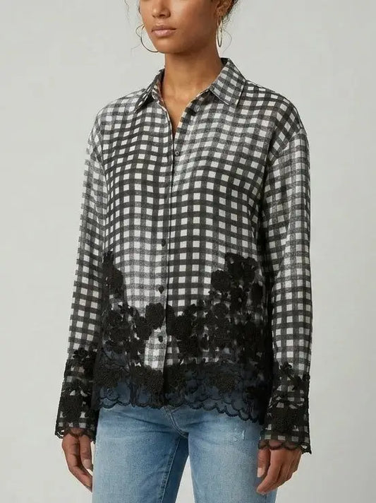 Black and White Gingham Silk Shirt with Lace Trim - Tops