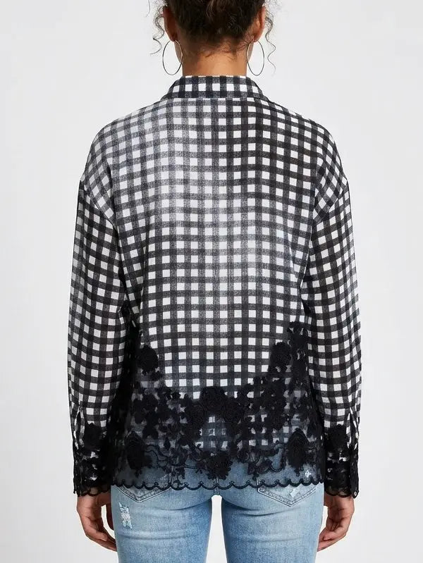 Black and White Gingham Silk Shirt with Lace Trim - Tops