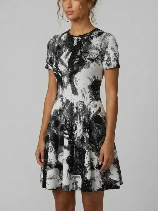 Black and White Knit A-Line Mini Dress - Dresses