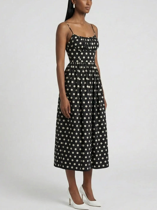 Black and White Polka Dot Cotton Midi Dress - Dresses